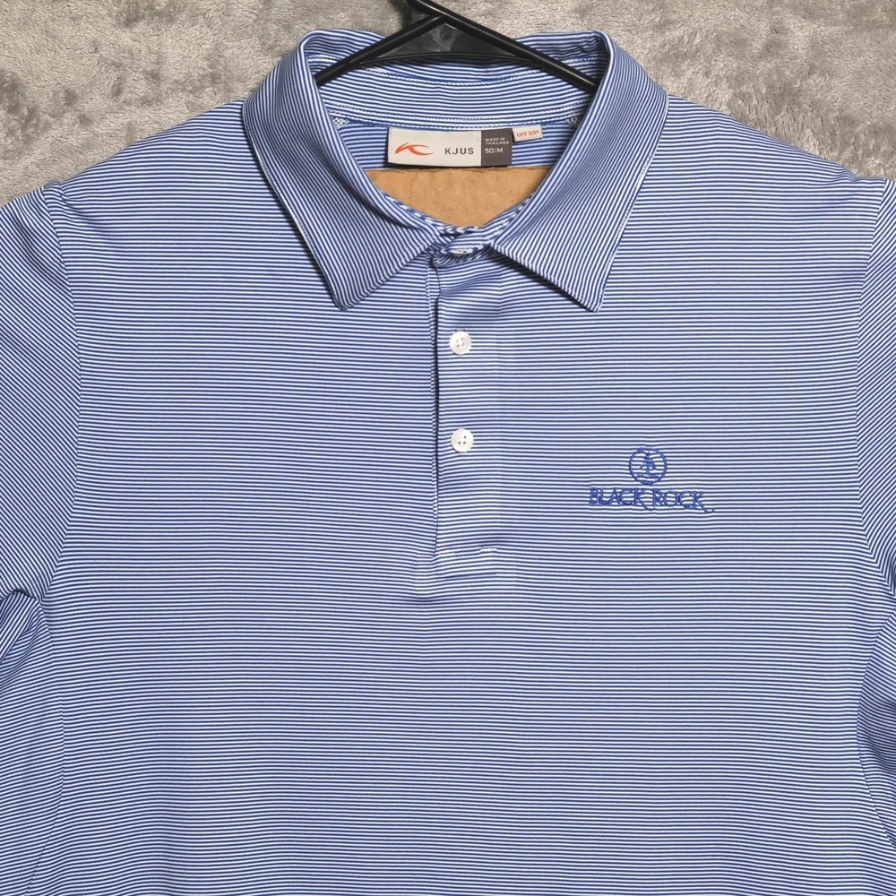 KJUS Polo Shirt Mens Medium Blue Soren Stripe Golf UPF 50+ Stretch Black Rock